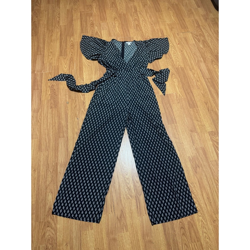 Bar III Womens Black White Geometric Diamond Print Flutter Sleeve Jumpsuit Large